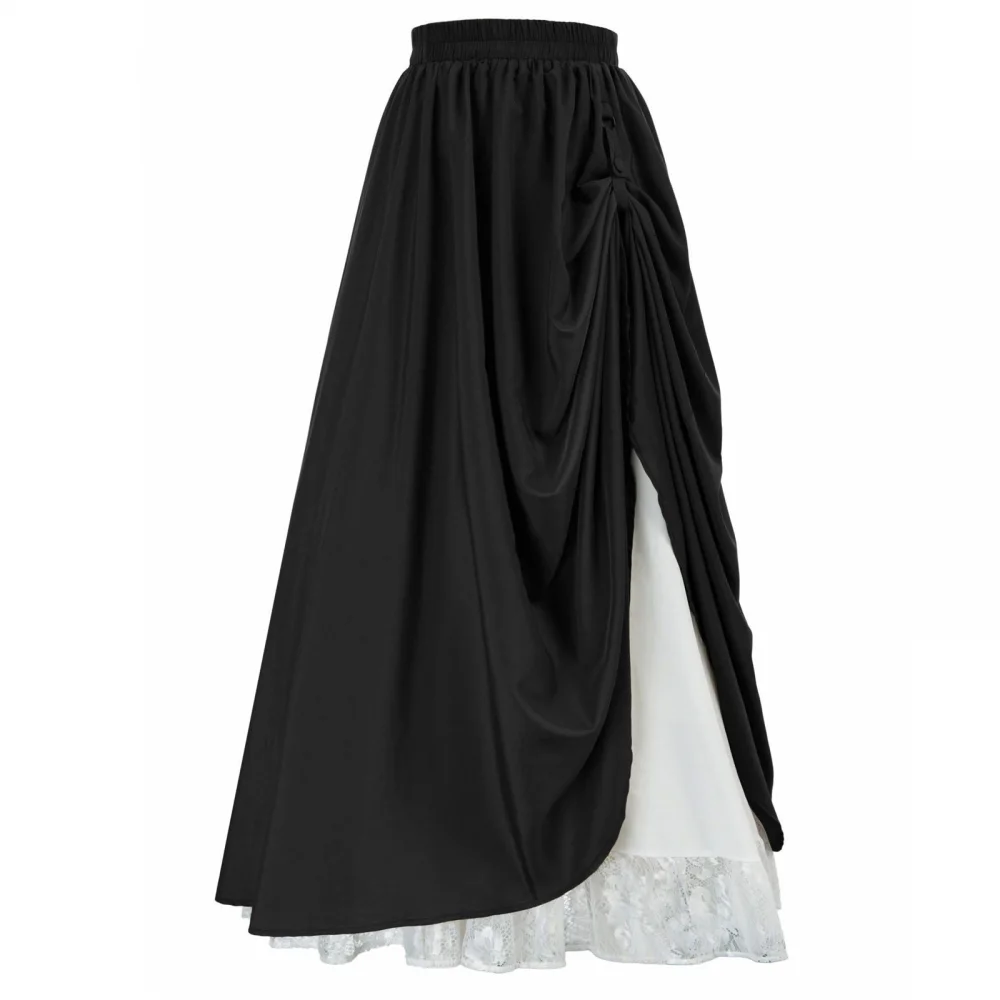 Women Dual Layer Lace Skirt Button Renaissance Maxi Costume Elastic Waist Victorian Double Ruffle Long Shirring Skirt