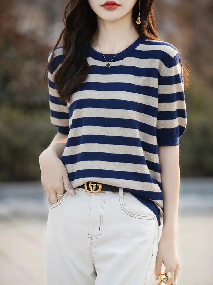 

Slimming Stripe Color Block Short Sleeve Knitted Top Women's Summer Fashion Korean Style Simple Versatile Basic T-Shirt Women