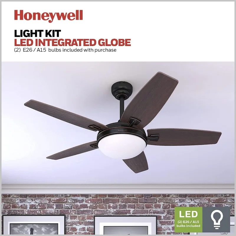 Honeywell Ceiling Fans Carmel, 48 Inch Contemporary Indoor LED Ceiling Fan with Light, Remote Control, Dual Mounting Options