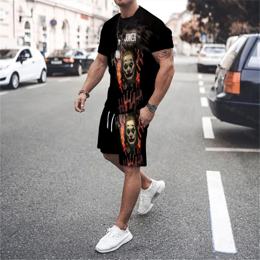 Personality Hip-Hop Men\'s Funny And Ferocious Devil Round Neck T-Shirt Shorts Sports Casual Punk Style Fried Street Two-Piece Se