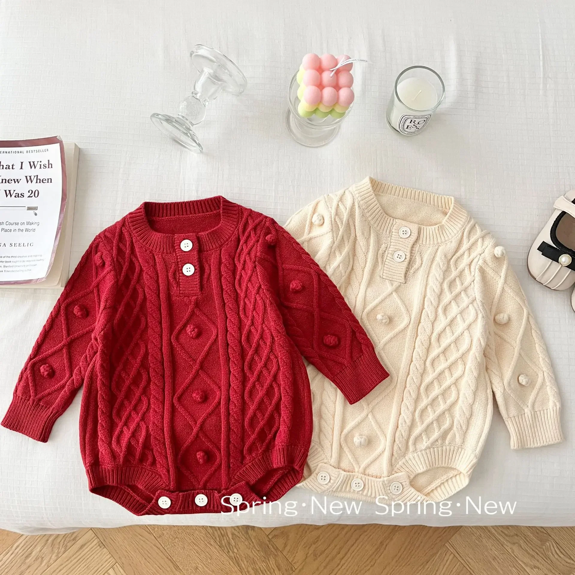 

Baby Clothes 0-2 Years Old Spring Autumn Korean Style Solid Color Knit Long Sleeve Casual Simple Solid Color Baby Sweater Romper