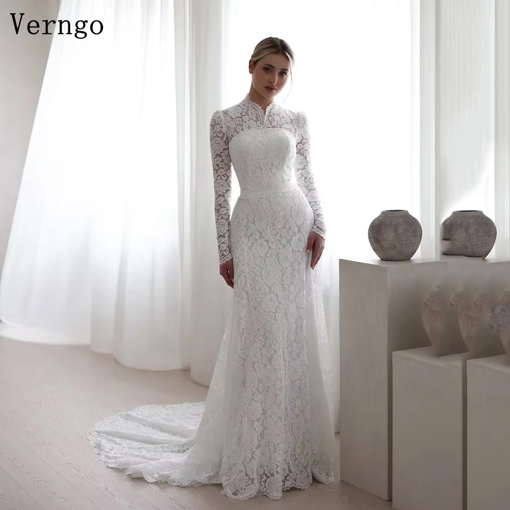 

Verngo lvory Lace Mermaid Wedding Dress High Neck Full Sleeves Bride Gowns Women Elegant Modest Bridal Dresses Customized