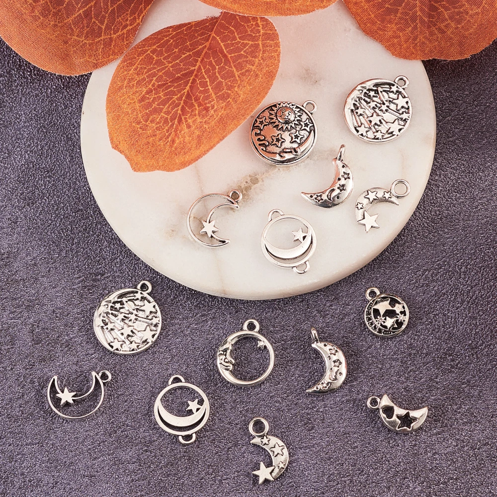 PandaHall  100pcs Anique Silver Moon Charms Mixed Styles Tibetan Sun Moon Star Charms for Jewelry Making Bulk