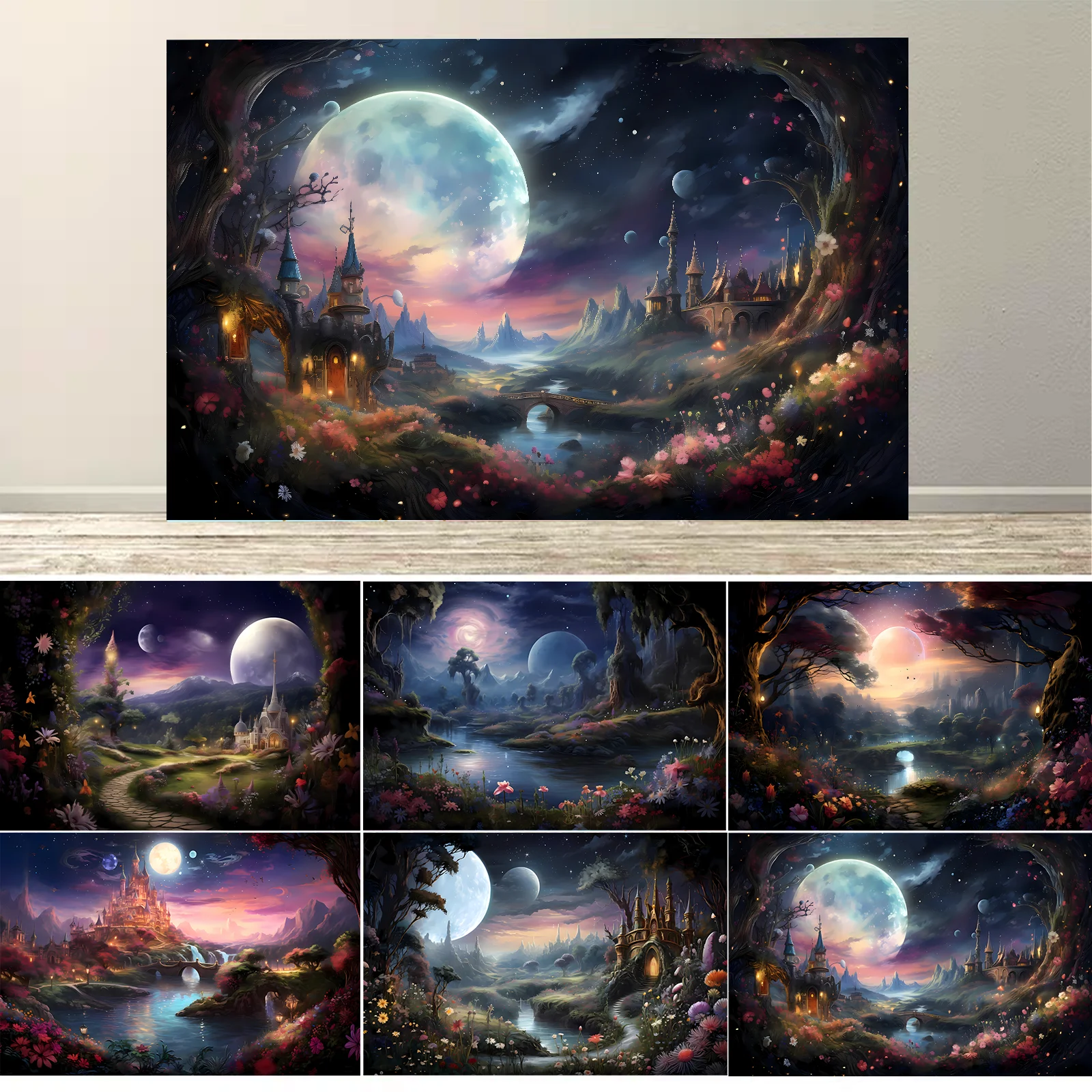 

Dreamy Forest Fairy Tale Castle Background Wonderland Jungle Flower Star Moon Birthday Photography Backdrop Photo Studio Prop