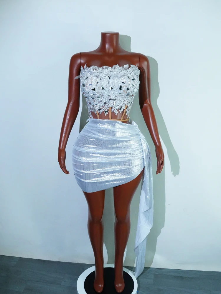 Sexy White Mirrors Top Skirts Set Dress Music Festival Party Birthday Nightclub Singer Dancer Stage Wear Drag Queen Prom Outfit