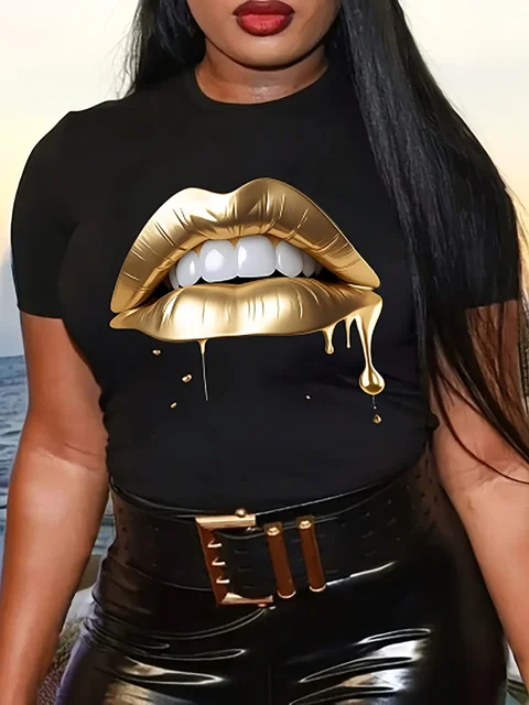 T-shirt z okrągłym dekoltem i nadrukiem ust, codzienna koszulka z krótkim rękawem na wiosnę i lato, odzież damska