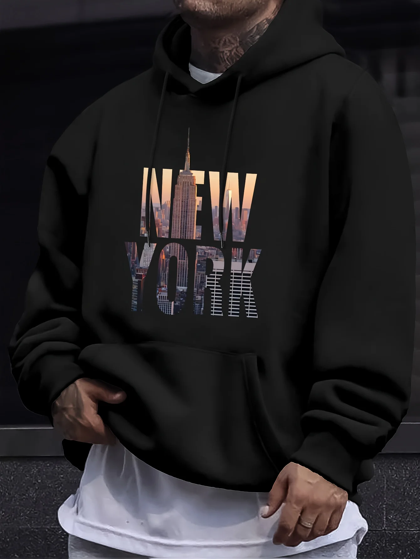 Moletom Masculino de Lã com Capuz e Estampa Gráfica da Silhueta de Nova York, Moletom Vintage Y2K para Treino Atlético, Pulôver Solto e Quente