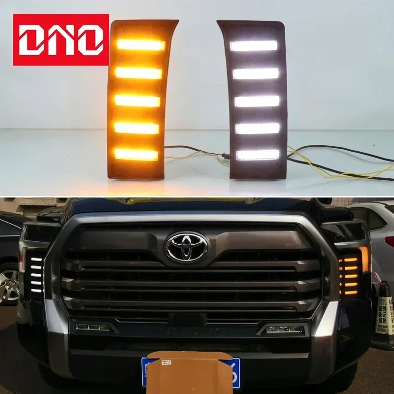 Car LED DRL 12V Daylights For Toyota Tundra 2022 2023 Yellow Turn Signal Daytime Running Headlamps Auto Driving Lamp Foglamps