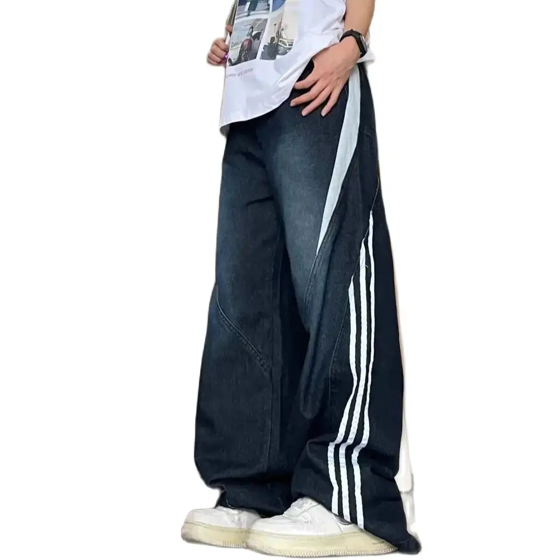 Striped Sport Jeans Loose-Fit Straight-Leg Pants Trendy Wide-Leg Hong Kong Style Spring Autumn Season Casual Wide Leg Pants