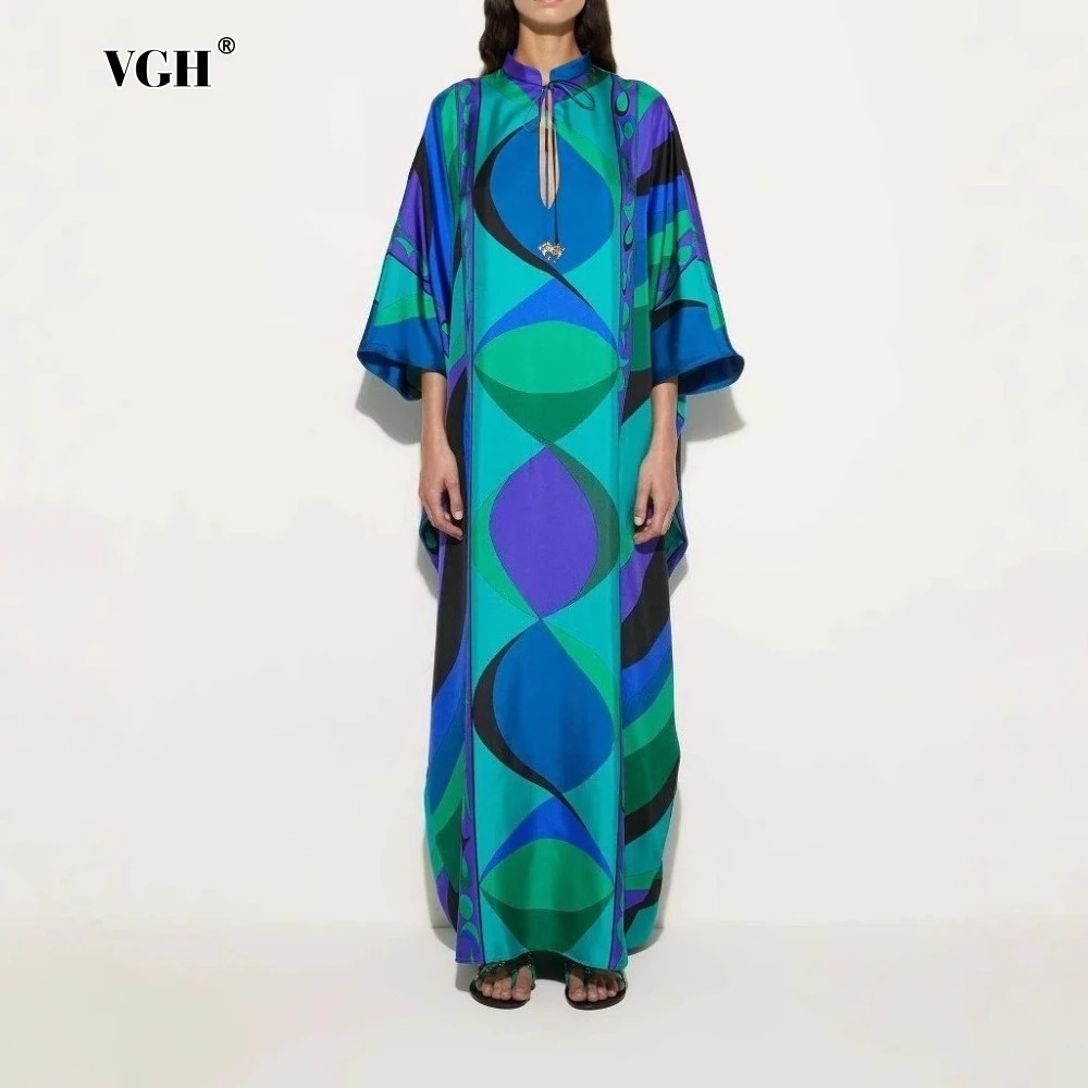 

VGH Geometry Printing Dress for Women Stand Collar Wrist Sleeve Spliced Lace Up Casual Straight Long Dresses Female Clothing New