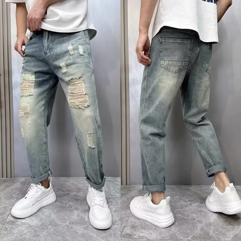 

Men's Slim Fit Harlan Jeans Distressed Lightweight Fashionable Versatile Hole Effect Slimming Straight Leg Denim Pants