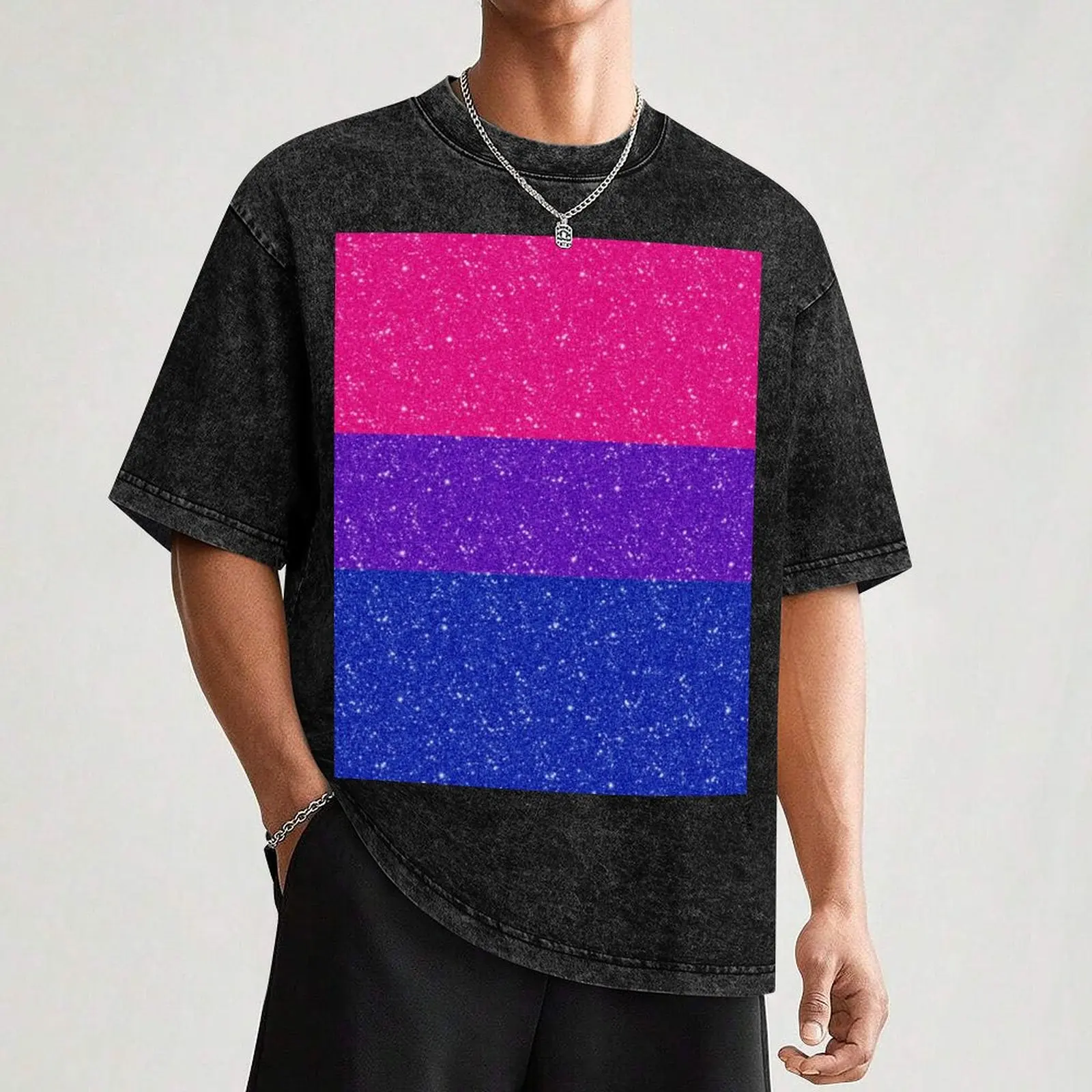 Faux Glitter Bisexual Pride Flag Background T-Shirt Gym Wear Breathable Short Sleeve Tee