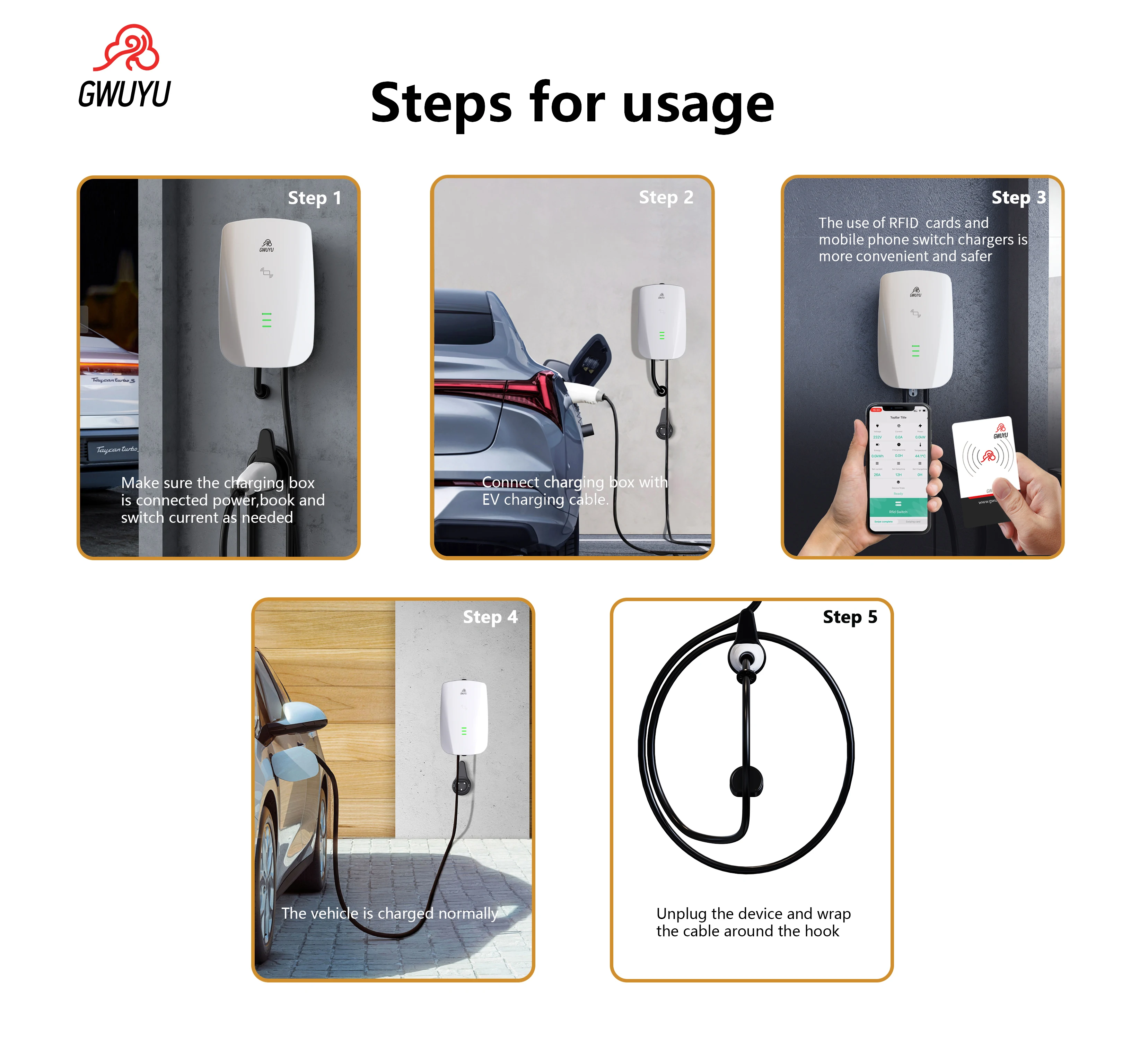 GWUYU Wallbox JZ80 EV Charging Station 220V Type 2 5M Cable 7.6KW 11KW 32A 16A 3 Phase Vehicle Charger APP WiFi Swipe Charging