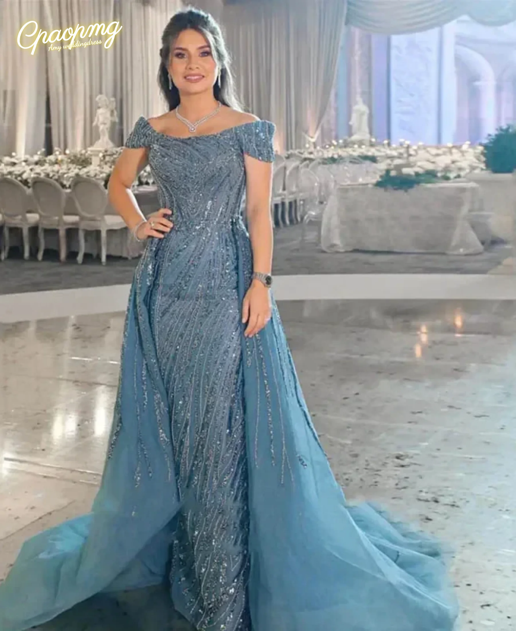 

Customized Luxury Blue Sequin Long Evening Dresses for Women Arabic Prom Wedding Gowns Off Shoulder Floor-Length Special