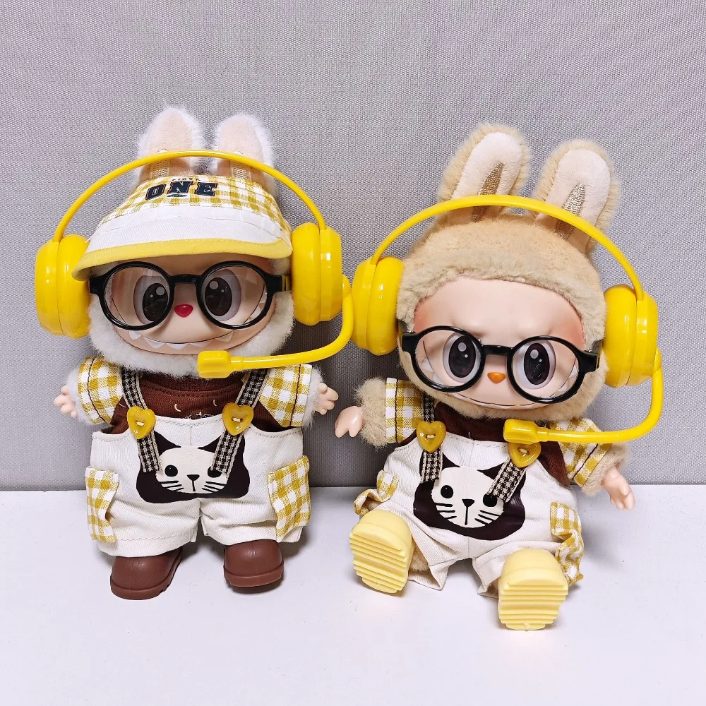 

15/17cm Labubu Clothes Outfit Plaid Shirt Cat Overalls DIY Gift Doll Clothes Accessories Sitting Party Changing Dress Game Toys