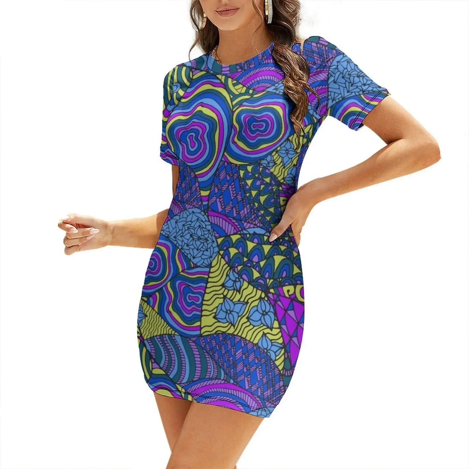

60s hippie abstract print Short-Sleeved Dress women clothes long dress women summer women's dress 2025 summer women's suit