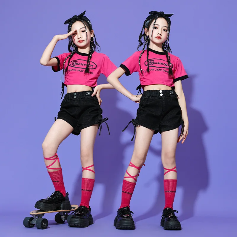 

Kid Kpop Hip Hop Clothing Rose Side Lace up Crop T Shirt Top Black Casual Drawstring Shorts for Girl Jazz Dance Costume Clothes