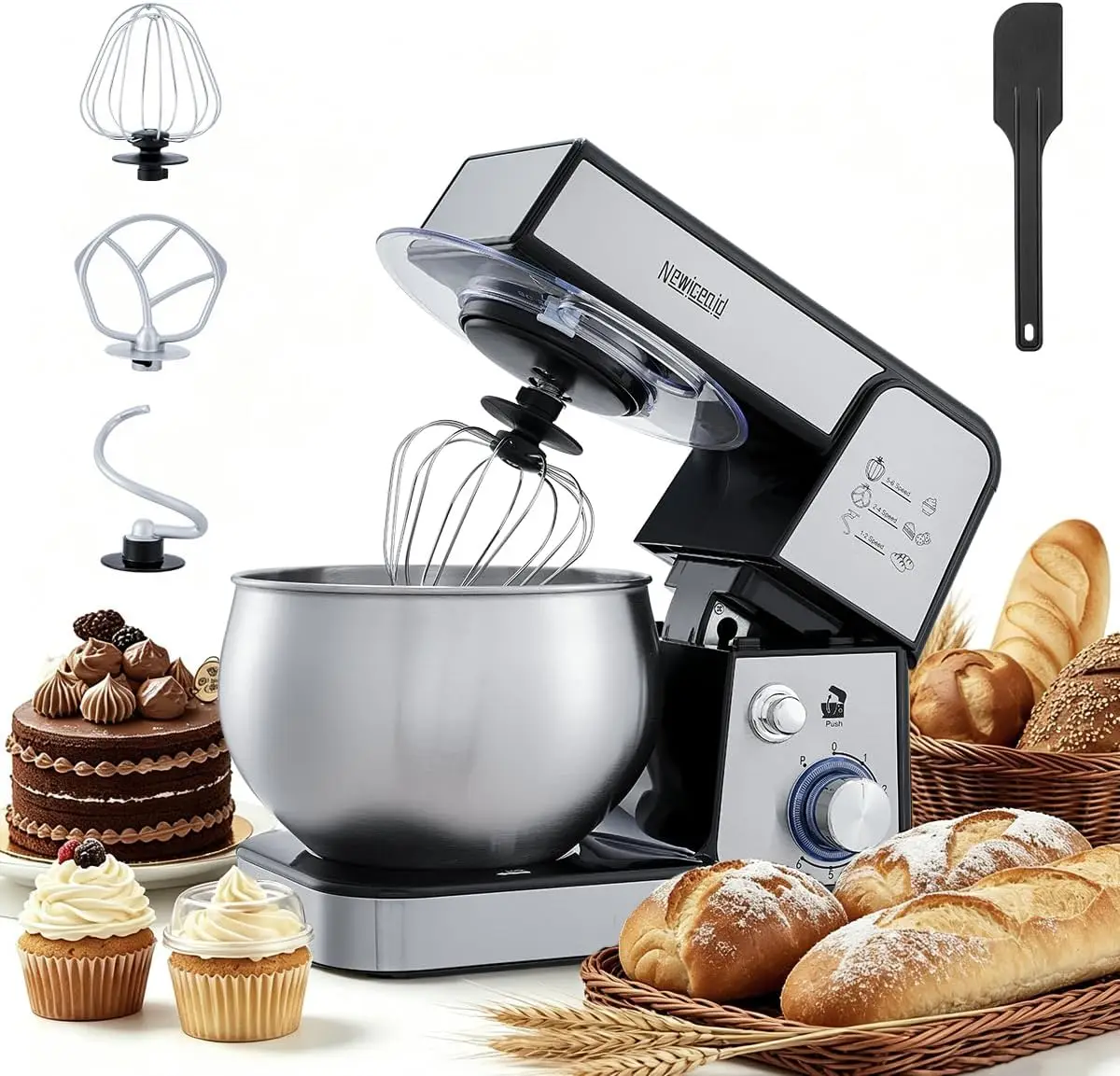 

Stand Mixer Electric Kitchen Mixer Tilt Head 5.3 Quart 400W 6 Speeds Pulse Include Dough Hook Beater Whisk Stainless Steel Silve
