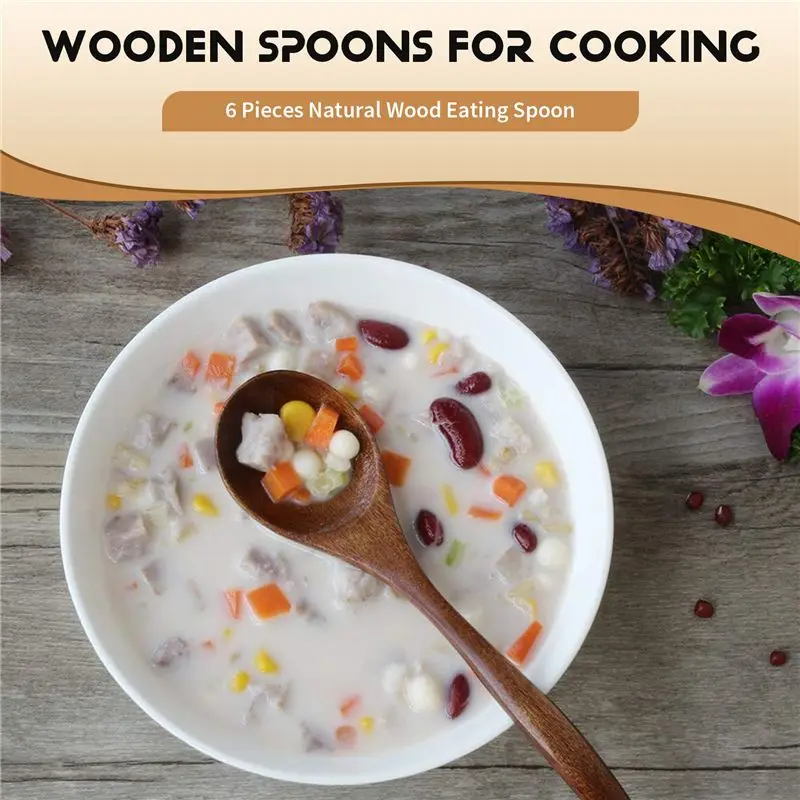 A11E-Wooden Spoons For Eating, 6 Pieces Natural Wood Eating Spoon, 7 Inch Eco-Friendly Handmade Teaspoon For Dinner, Salad Desse