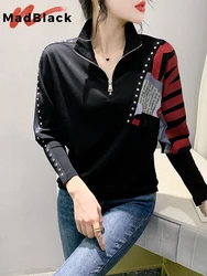 MadBlack European Clothing Tshirt Women Turn Down Collar Print Zipper Diamonds Slim Tops Long Sleeve Tee Autumn Winter T306100JD