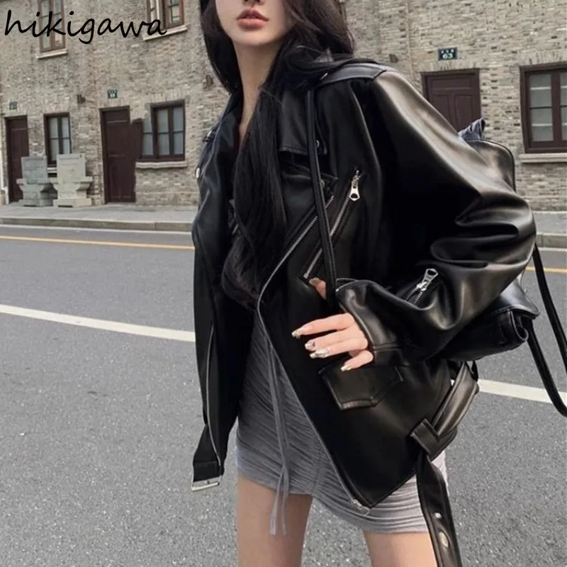 

Autumn Winter Leather Long Sleeved Jacket Fashion Lapel Zipper PU Streetwear Coat Chic Women's Tops Casual Motorcycle Outerwear
