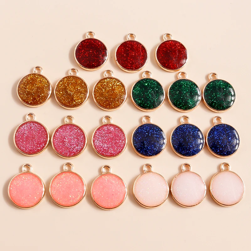 10pcs 14*17mm 7 Colors Shiny Glitter Round Charms for DIY Jewelry Making Earrings Necklaces Pendants Handmade Accessories