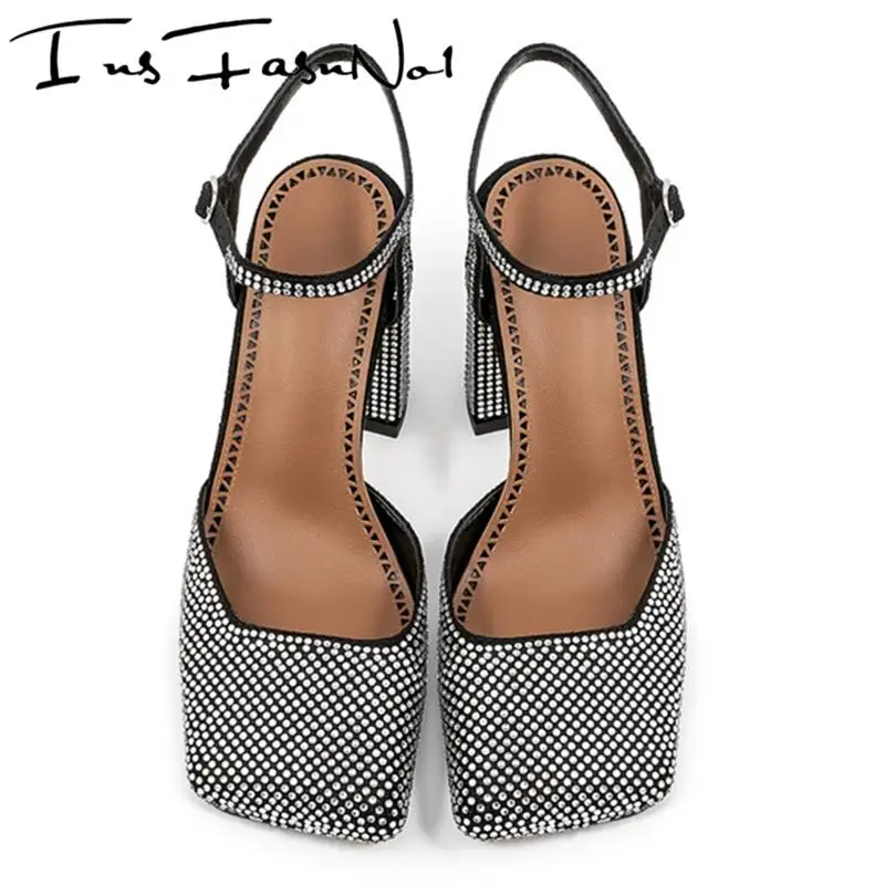 Fashion Rhinestones High Heel Modern Sandals Large Size Square Toe Buckle Strap Single Shoes Female All Match Increasing Shoes
