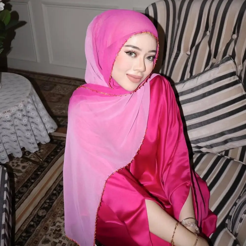 Hijab Scarf Pearl Beaded Chiffon Shawl for Muslim Women Glitter Pashmina Daily Elegant Head Wrap