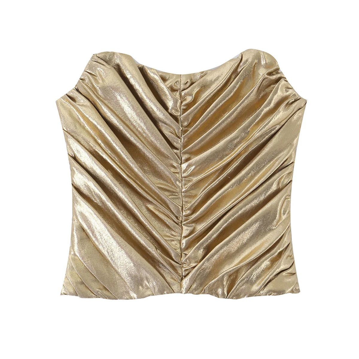 TFMLN 2026 Damen Glänzendes Gold Gerafftes Top Modisches Diagonal Plissiertes Ärmelloses Trägerloses Crop-Top Damen Abend-Partykleidung – Detail 2