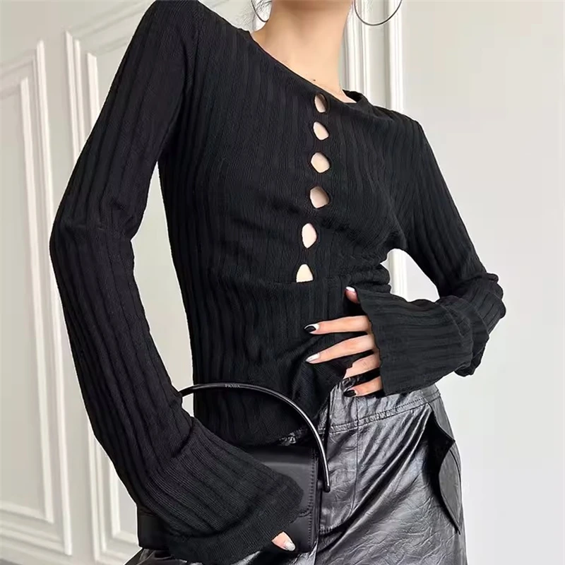 Ladies Autumn Simplicity Fashion Slim Solid Color Hollow Out O-neck Long Sleeve Knitwear Women Office Lady All-match Trend Tops