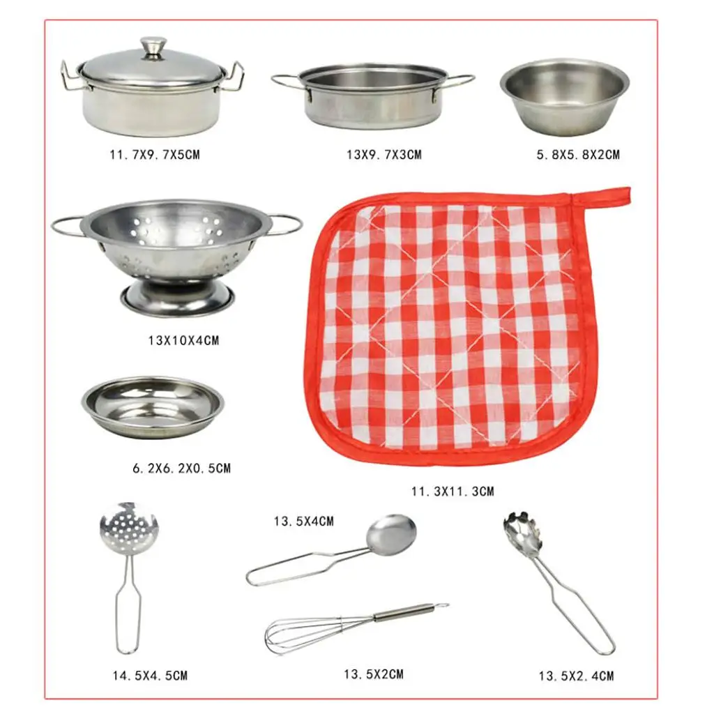 10Pcs Pretend toys, Kitchen Cookware Set Stainless Steel Cooking Tools, Kids Educational Toys