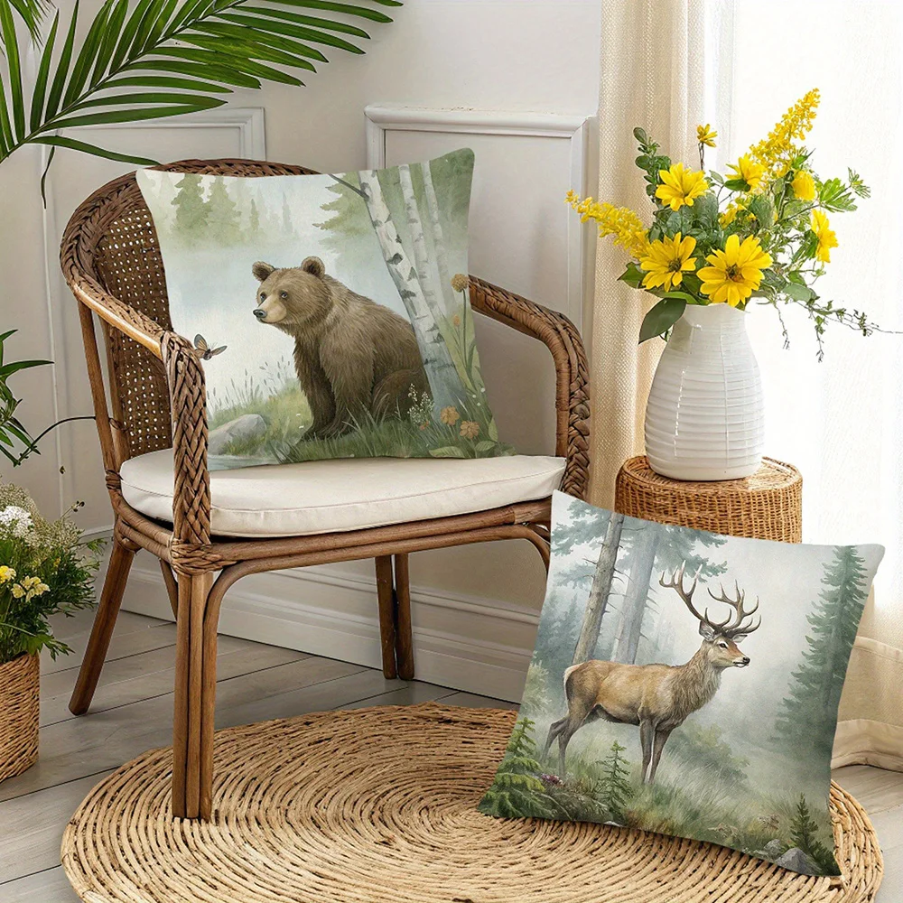 أغطية وسائد زخرفية مطبوعة للحياة البرية: تصميمات ثعلب ودب وغزلان وأرنب غطاء وسادة أريكة لتزيين غرفة المنزل #5