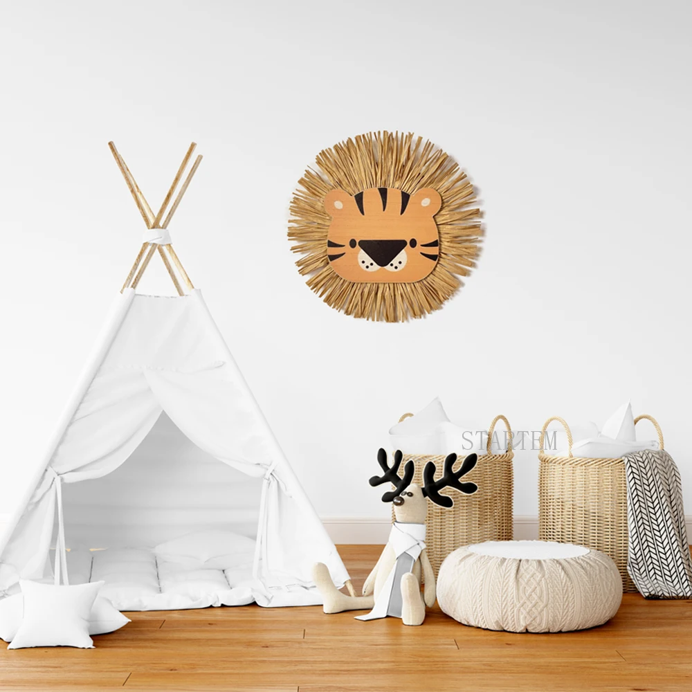 Cute Baby Room Decoration Nordic Animals Cartoon Lion Tiger Nursery Decor Handwoven Baby Girls Boys Room Wall Hanging Decoration