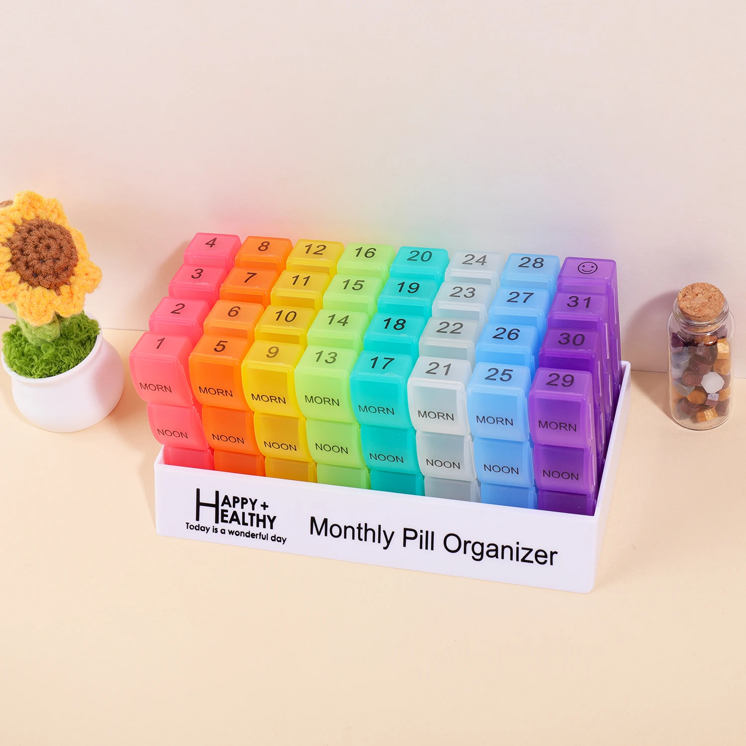 31 Days Monthly Pill Organizer 3 Times A Day, Rainbow Detachable Pill Box MORN NOON EVE Compartments, Medicine Storage Case