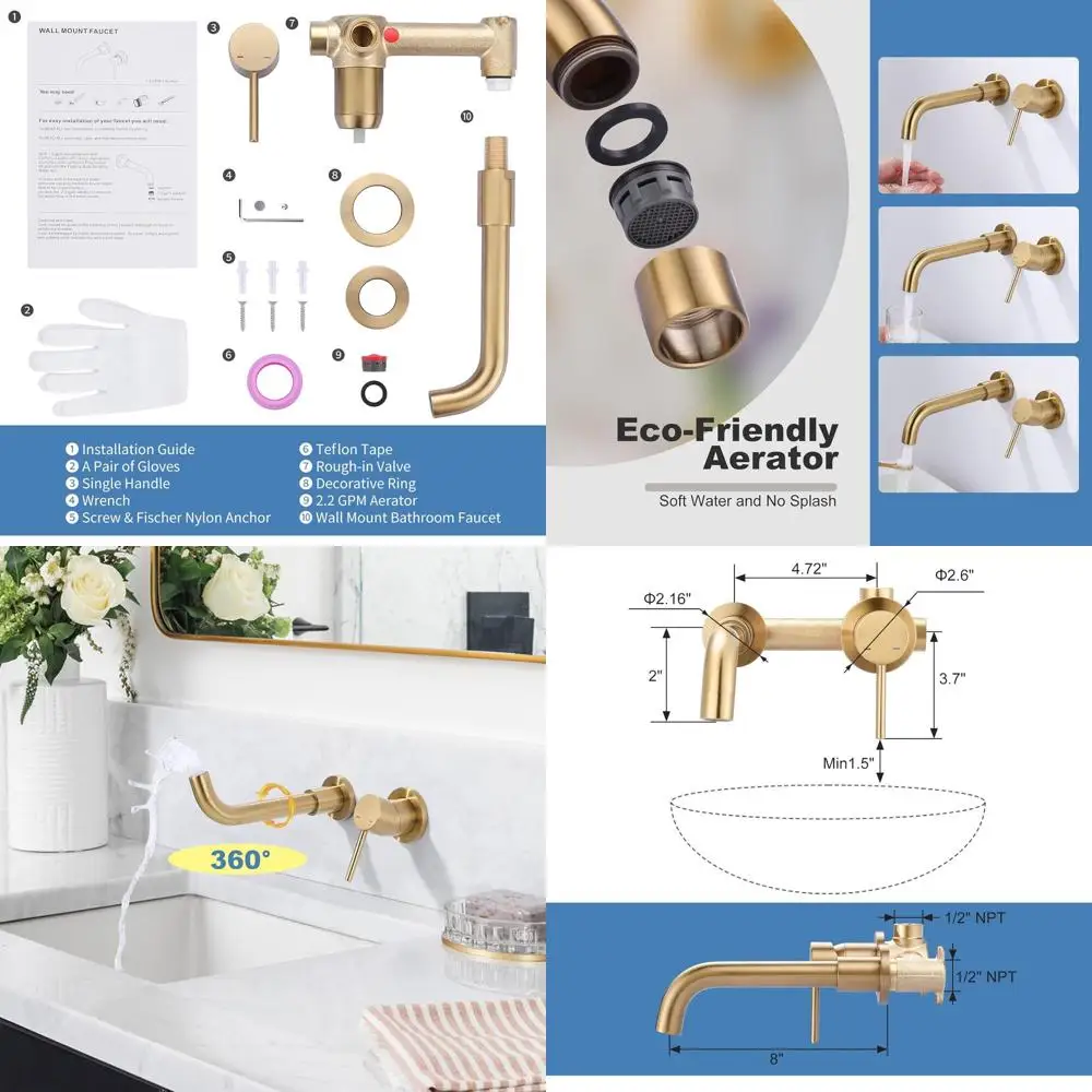 

Single Handle Brushed Gold Wall Mount Sink Faucet with Swivel Spout and Rough-In Valve