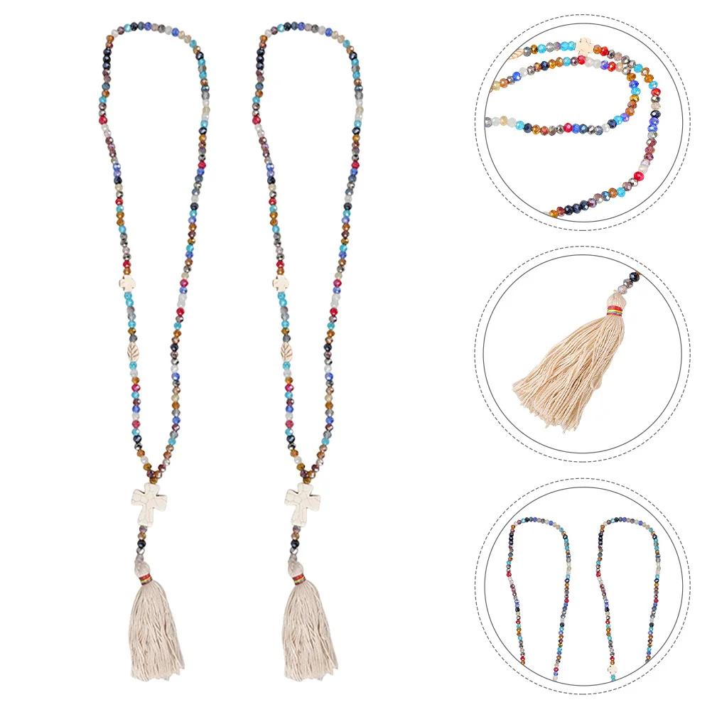 

2pcs Crystal Necklace For Women Bohemian Tassel Cross Pendant Choker Colorful Beaded Jewelry Car Hanging Ornament Religious Gift