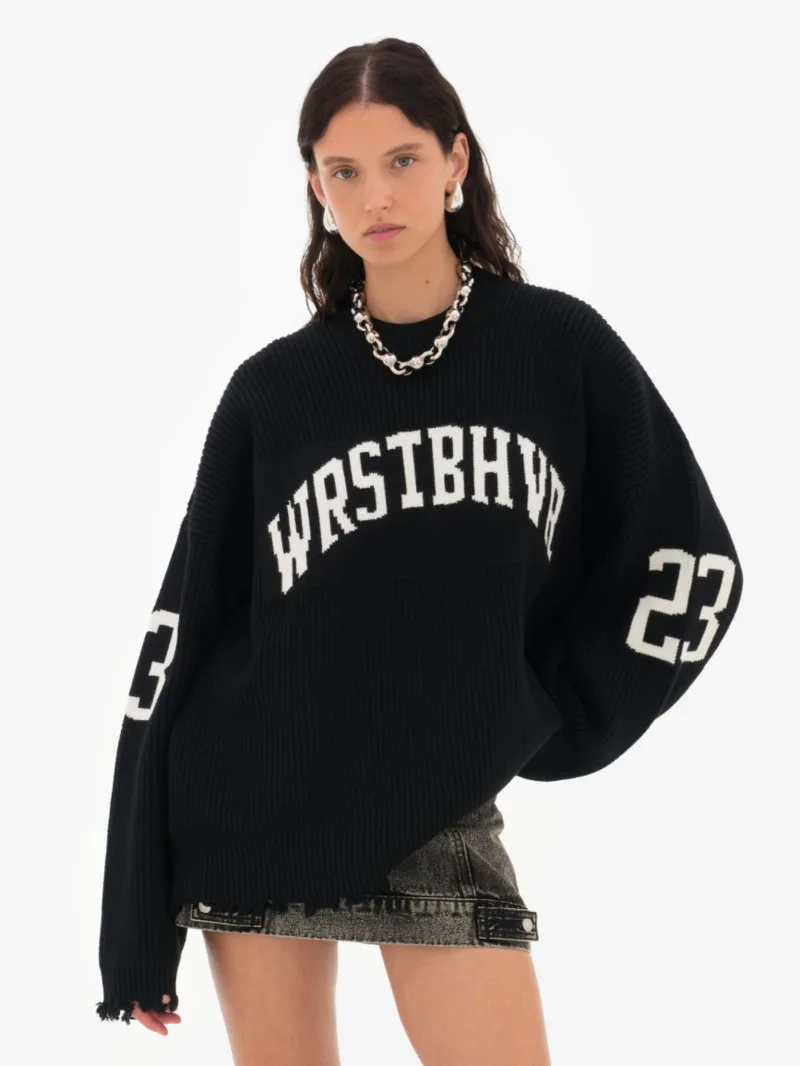 

Модный свободный жаккардовый вязаный пуловер с надписью, женский осенний пуловер 202, новый Highstreet, серый, черный, мягкий свитер, универсальные детали