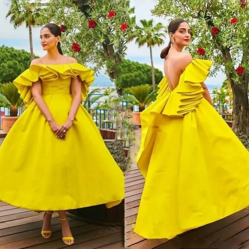

Short Prom Dresses Off The Shoulder Sexy Backless Satin Ruffles Evening Gowns Saudi Arabia Robe Party Dress