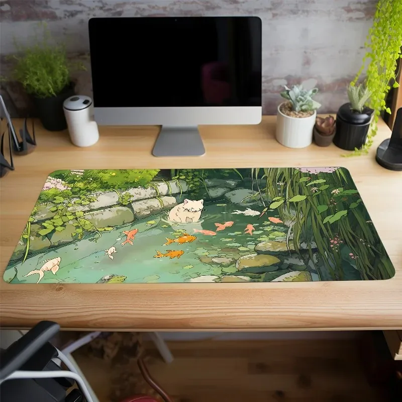 VIKAMA Japanese Healing Pond Koi White Cat Large Mouse Pad Ghibli Style Desk Mat Non Slip Base Stitched Edges