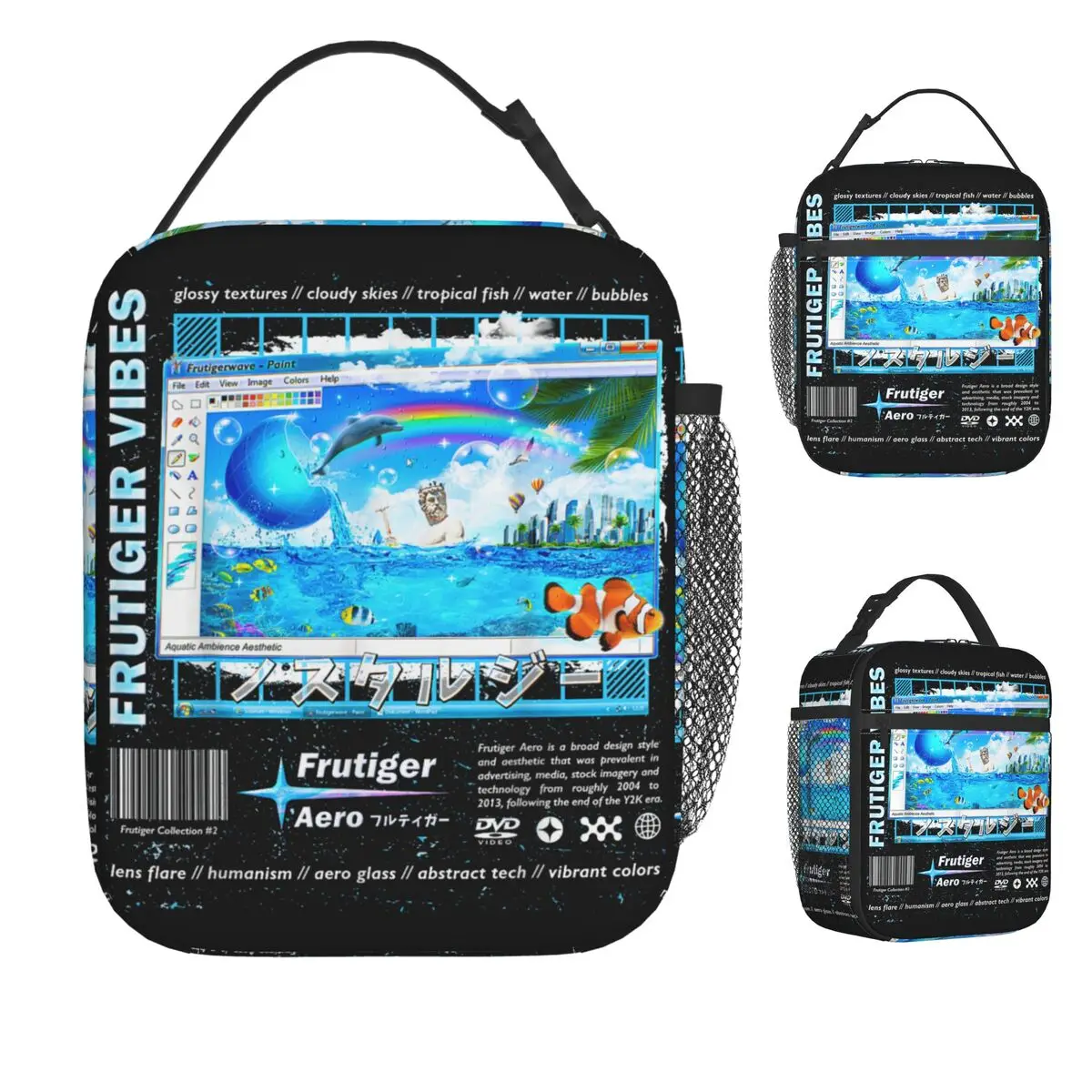 

Модная коллекция Frutiger Aero-сумка для обеда Frutiger Vibes, школьная коробка для завтрака для девочек, сумка-тоут с забавным принтом, сумки для еды, оксфордская сумка-холодильник