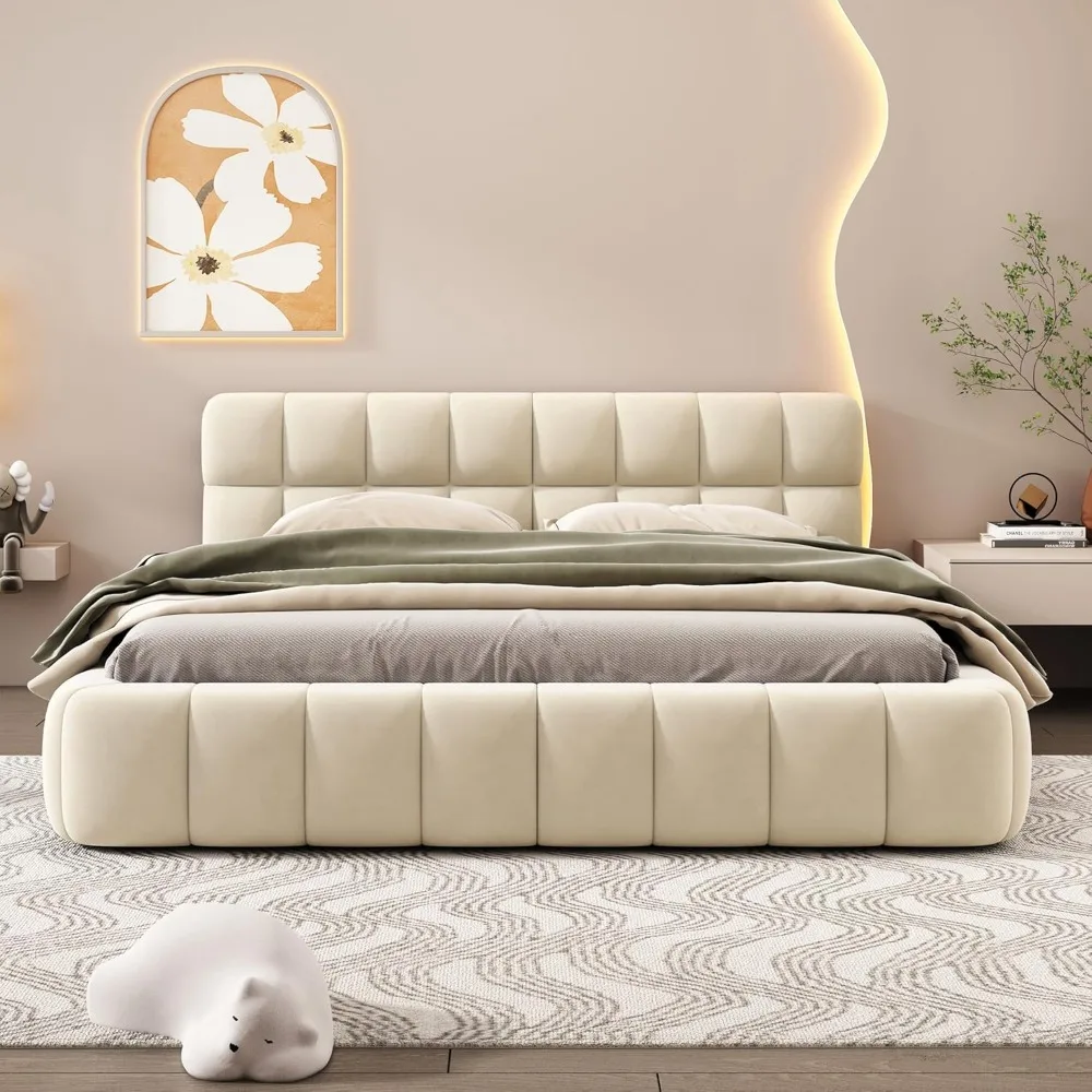 Modern Queen Upholstered Bed Frame with Wingback, Linen Low Plattform Bed, No Box Spring Needed Beige