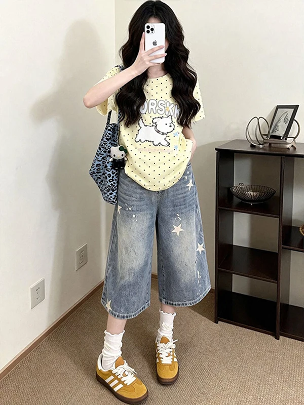 

American Style Vintage Star Print Ripped Seven-Foot Women's Jeans Summer Knee-Length Wide Leg Shorts Casual High Waist Denim