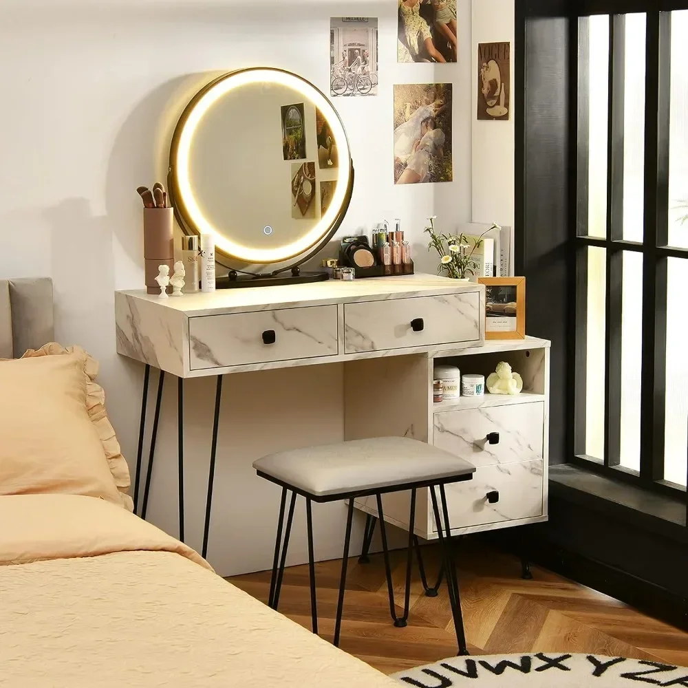 Vanity Sets With 3 Colors Lighted Mirror, 2 Large Drawers, With Cushioned Stool,Bedroom Makeup Vanity Dressing Table Dressers