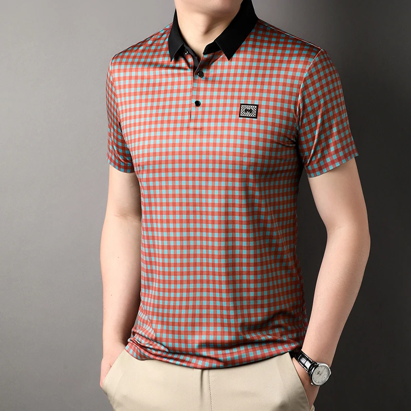 New Summer Plaid Printed High Elasticity Men's Polo Shirts Luxury Short Sleeve Business Casual Golf Man T-shirts Male Tees