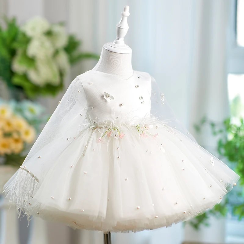 Jill Wish J553 robe de fille de fleur blanche élégante fleurs 3D à manches longues princesse enfants arabe mariage fête d'anniversaire robe de soirée