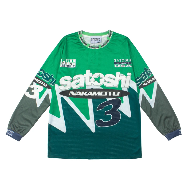 2026 New Satoshi Nakamoto T-Shirts Men's High Street Trend Brand Motorcycle Elements Print Long Sleeve Tops