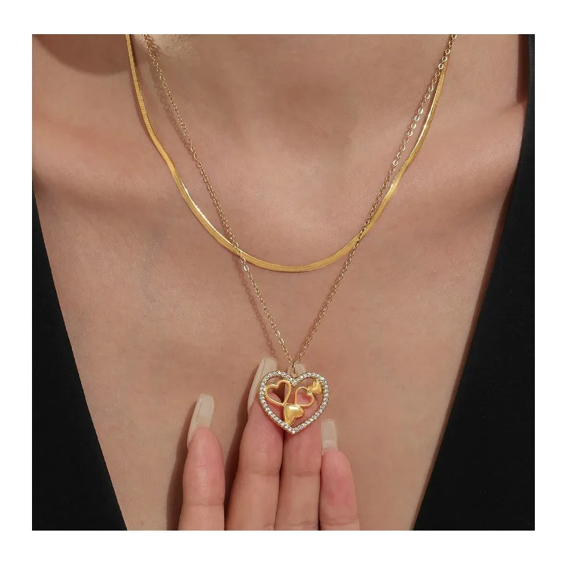 

Seattle Stainless Steel Love Zircon Necklace Fashion Versatile Personality Double Clavicle Chain Jewelry Gold Jewelry