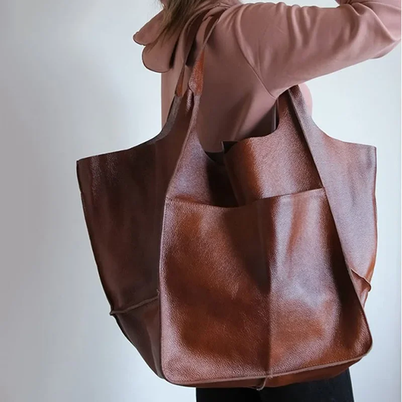 Vintage Handmade Leather Large Tote Bag Beach Tote High Capacity Zip Solid Shoulder Bag Women\'s Multi-functional Handbag