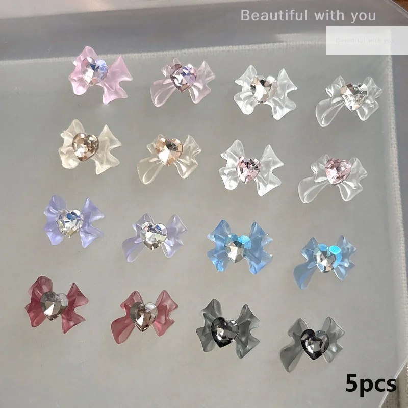 5Pcs Ribbon Resin Bow Parts Nail Charms Bow Rhinestone Jewelry Accessory For DIY Manicure Decora