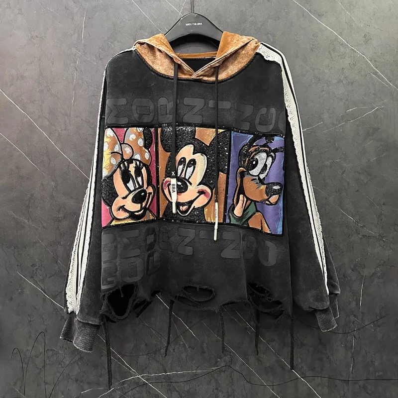 ฤดูใบไม้ผลิอุตสาหกรรมหนักยอดนิยมการออกแบบรูความรู้สึกการ์ตูนเสื้อคลุมด้วยผ้าผู้หญิงหลวมขนาดเล็กอเนกประสงค์แขนยาวเสื้อฮู้ดด้านบน